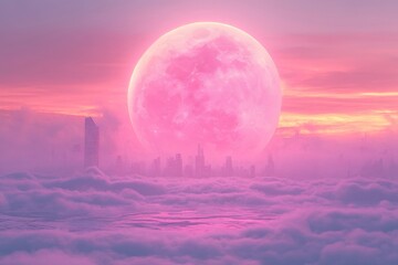 Poster - Vibrant sunset sky with a large pink moon illuminating a city skyline above the clouds