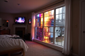 Poster - Beautiful winter morning light streaming through a bedroom window in a cozy home