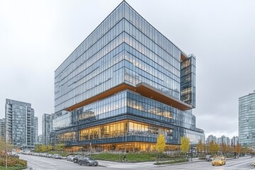 Poster - Modern architectural design showcases glass and steel structure with urban surroundings in a vibrant downtown area