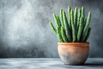 Poster - Cactus in a rustic pot on a textured surface against a blurred gray background