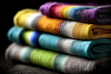 Poster - Colorful folded textiles arranged in a stack on a dark surface