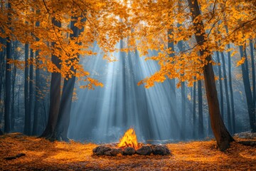 Poster - Tranquil autumn forest with warm campfire surrounded by colorful leaves and sun rays shining through trees