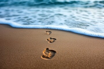 Aufkleber - Footprints on sandy beach with gentle waves lapping at the shore during sunset