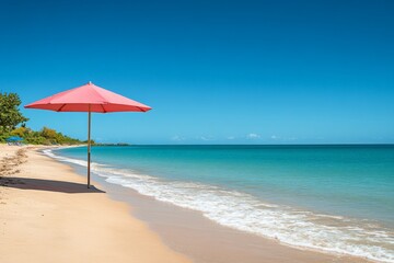 Aufkleber - Beach with pink umbrella on shoreline under clear blue sky during sunny day in tropical paradise