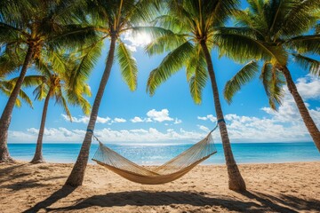 Aufkleber - Relaxing hammock between palm trees on a sunny beach near the ocean during a clear day