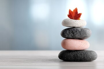Aufkleber - Balanced stack of stones with a red leaf on top, symbolizing tranquility and nature's beauty