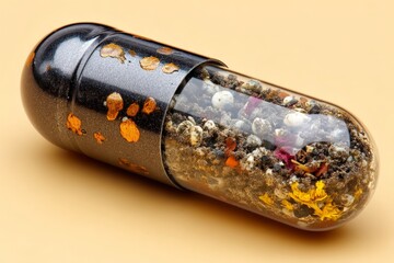 Poster - Unique decorative capsule filled with colorful natural elements on a plain background
