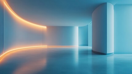 Wall Mural - abstract futuristic interior with curved walls, neon lighting, and reflective floor.