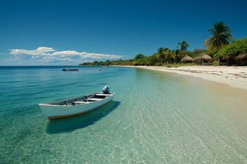 Aufkleber - Tranquil beach with a small boat anchored along the shore during a sunny day in a tropical paradise