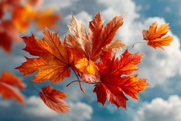 Poster - Colorful autumn leaves floating against a bright sky with clouds showcasing the beauty of the season