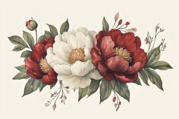 Poster - Colorful peony bouquet arrangement featuring red and white flowers with lush green leaves on a soft background