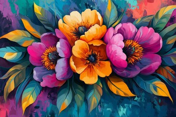 Aufkleber - Vibrant bouquet of colorful flowers on a textured background showcasing artistic floral design