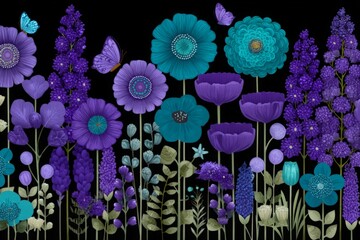Aufkleber - Vibrant arrangement of purple flowers and butterflies against a black background highlighting nature's beauty and colors