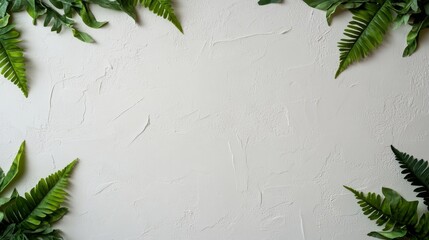 Leinwandbilder - Close-up of textured white plaster walls featuring green fern leaves organized in a symmetrical pattern, perfect for a fresh tropical aesthetic