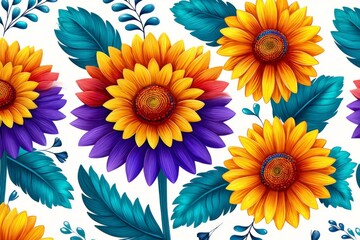 Aufkleber - Colorful sunflower pattern design featuring vibrant blooms and lush leaves on a white background