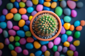 Aufkleber - Colorful Easter-themed setup featuring a cactus surrounded by vibrant decorative eggs on a dark background
