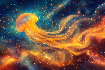Poster - Jellyfish swims through colorful cosmic space filled with stars and vibrant hues
