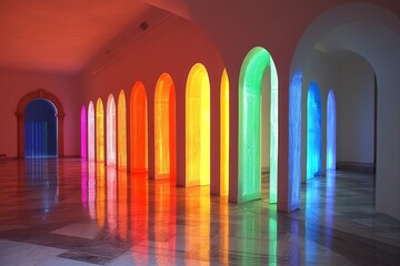 Poster - Colorful illuminated arches create a vibrant display in a modern indoor space