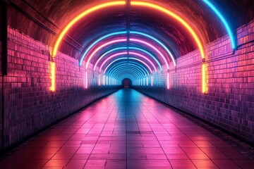 Poster - Vibrant neon tunnel with colorful lights illuminating tiled walls at night