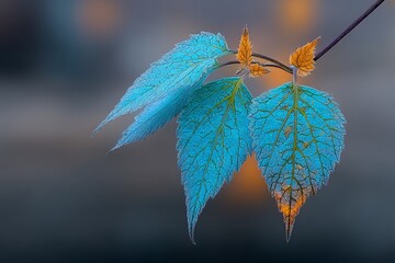 Poster - Unique blue and orange leaves highlighting the beauty of nature during autumn season in a serene outdoor setting