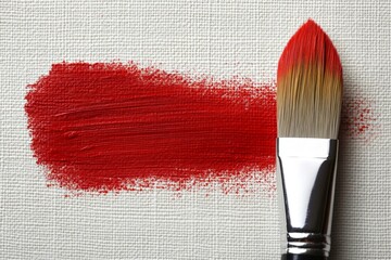 Aufkleber - Close-up of paintbrush applying vibrant red paint on textured canvas during an artistic process