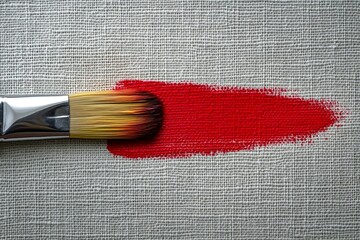 Aufkleber - Bright red brushstroke on textured canvas during creative painting process in an artist's workspace