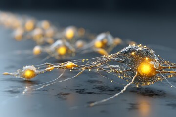 Fototapete - Neurons communicating through synaptic connections in a detailed digital rendering