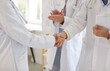 © Studio Romantic - Close up cropped view of two professional doctors in white lab coats shaking hands in clinic. Medical staff exchanging handshake and applauding, celebrating teamwork or success in patient treatment.