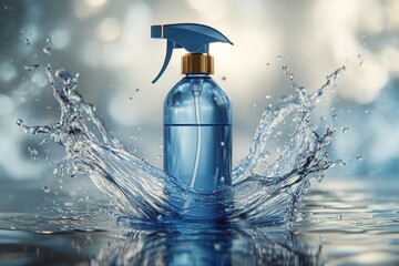Poster - Blue spray bottle splashes in water, creating dynamic wave effects and capturing attention in tranquil setting