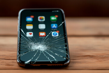 Close-up of phone screen cracked with dozens of app icons open overused device metaphor 