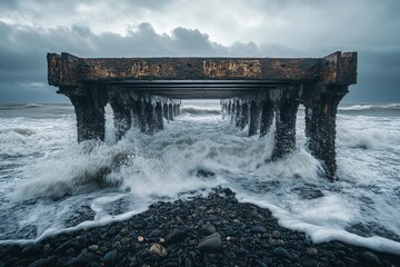 Aufkleber - Waves crashing against an old weathered pier under a stormy sky along the coast at sunset
