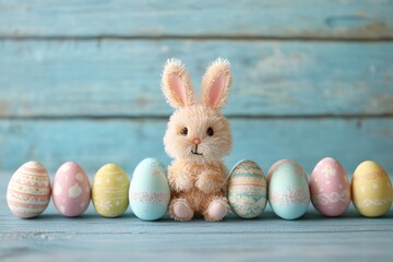 Poster - Cute decorative bunny surrounded by pastel colored Easter eggs on a rustic wooden surface during spring season