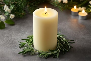 Poster - Elegant white candle surrounded by fresh herbs on a textured surface during a serene evening ambiance