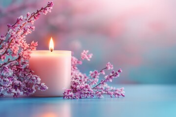 Aufkleber - Decorative candle surrounded by pink flowers on a soft pastel background at dusk