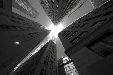 Aufkleber - Skyscrapers towering towards the sun in a bustling urban setting during midday