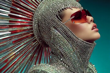 Poster - Fashion model showcasing striking jeweled attire and sunglasses in a vibrant studio setting
