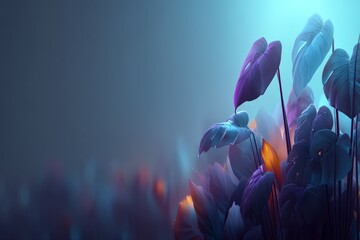 Fototapete - Ethereal plants glow in soft blue and purple light during twilight in a tranquil environment