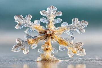 Poster - Detailed close-up of a delicate snowflake resting on a surface in a winter setting