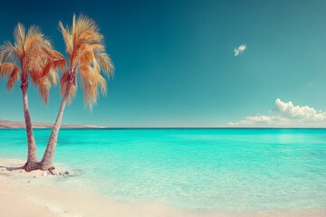 Aufkleber - Lush palm trees near tranquil turquoise waters at a sunlit beach on a clear day