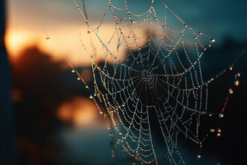 A spider web is shown in the image, with a beautiful blue sky in the background