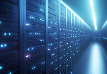 Poster - Minimalist 3D render of a futuristic blue-lit server room with glowing nodes and a sleek corridor, perfect for cloud computing, AI infrastructure, and secure data environments