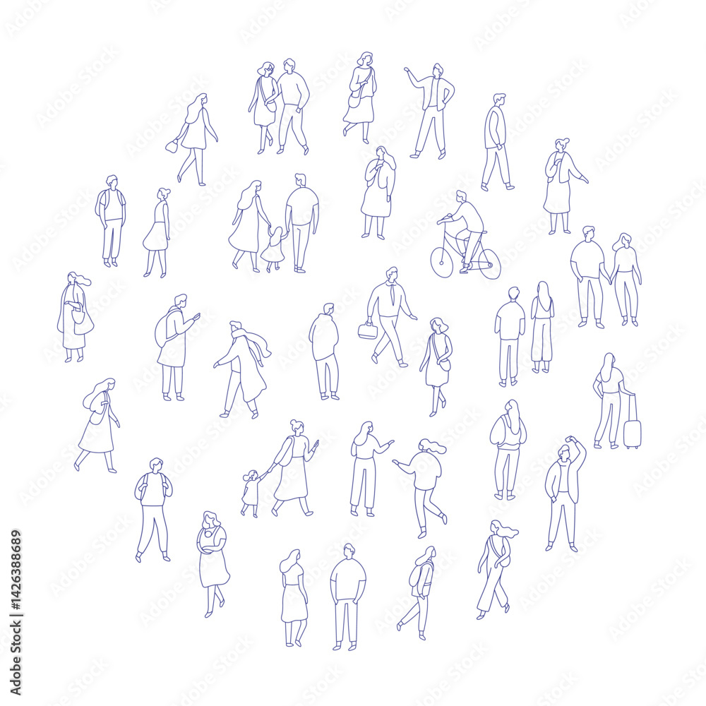 Line art city people crowd big bundle isolated on white. Hand drawn ...