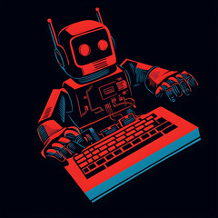 Retro robot coding on vintage keyboard; futuristic technology background; illustration for tech articles