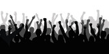 Silhouette of a crowd of people with hands in the air - show spectators, sport fans, protest, demonstration, music festival, people cheering illustration on transparent background