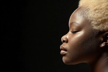 Aufkleber - A close-up side profile of an albinistic man with closed eyes reveals the delicate texture of his skin and hair, illuminated by soft diffused lighting
