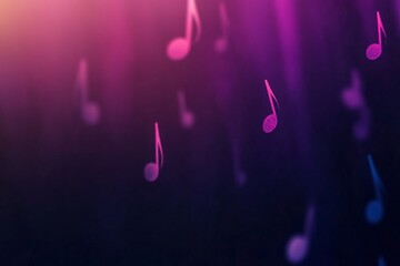 Poster - A dark abstract background features glowing music notes and clefs in soft blues and purples, offering a tranquil and melodic ambiance with ample copy space