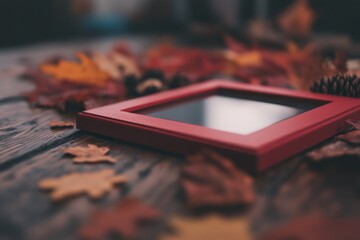 Poster - A red photo frame rests on a textured wooden surface, surrounded by colorful autumn leaves, creating a warm and inviting ambiance with ample copy space