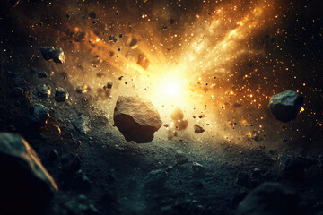Poster - A celestial explosion amidst a field of asteroids, a cosmic spectacle of light and debris.