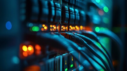 Wall Mural - close-up of network server with cables connected, glowing lights, dark background.