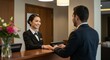 © SSTC AI Photo&Video - Hotel receptionist assisting guest hotel lobby photograph professional setting warm atmosphere hospitality concept for seo impact